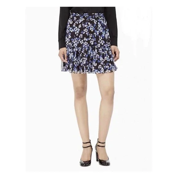 Kate Spade Purple Silk Mini Skirt Multi Floral Hydrangea Chiffon Tiered Black XS - Picture 3 of 13